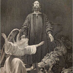 1873 Daniel In The Lion's Den Steel Engraving Victorian Bible Antique F12A